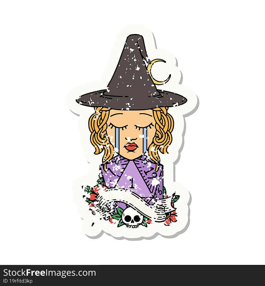 grunge sticker of a crying human witch with natural D20 roll. grunge sticker of a crying human witch with natural D20 roll