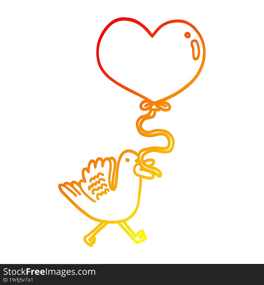 warm gradient line drawing cartoon bird with heart balloon