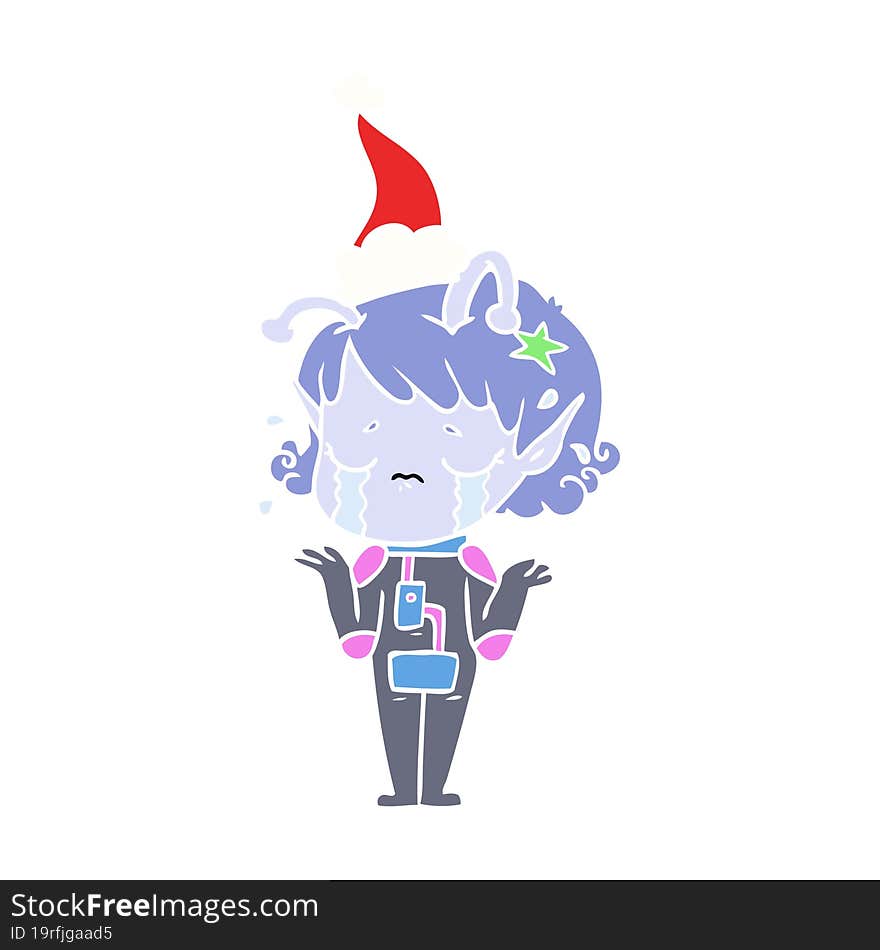 flat color illustration of a crying alien girl wearing santa hat