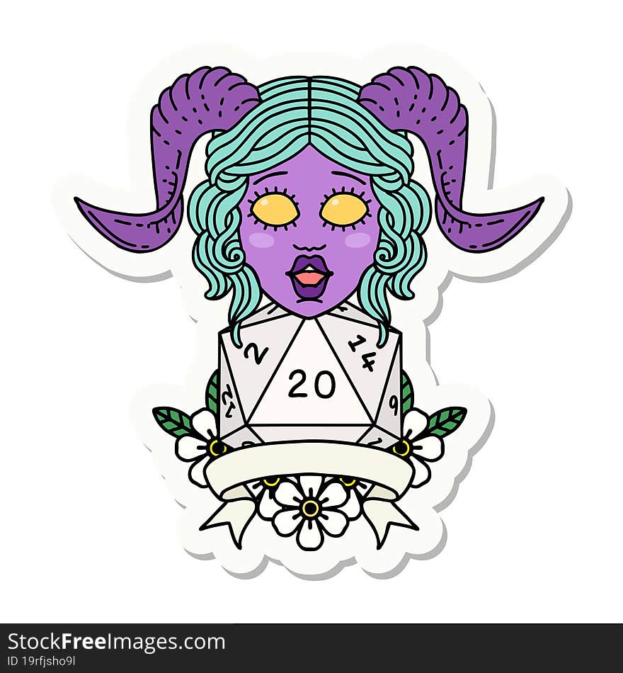 sticker of a tiefling with natural twenty dice roll. sticker of a tiefling with natural twenty dice roll