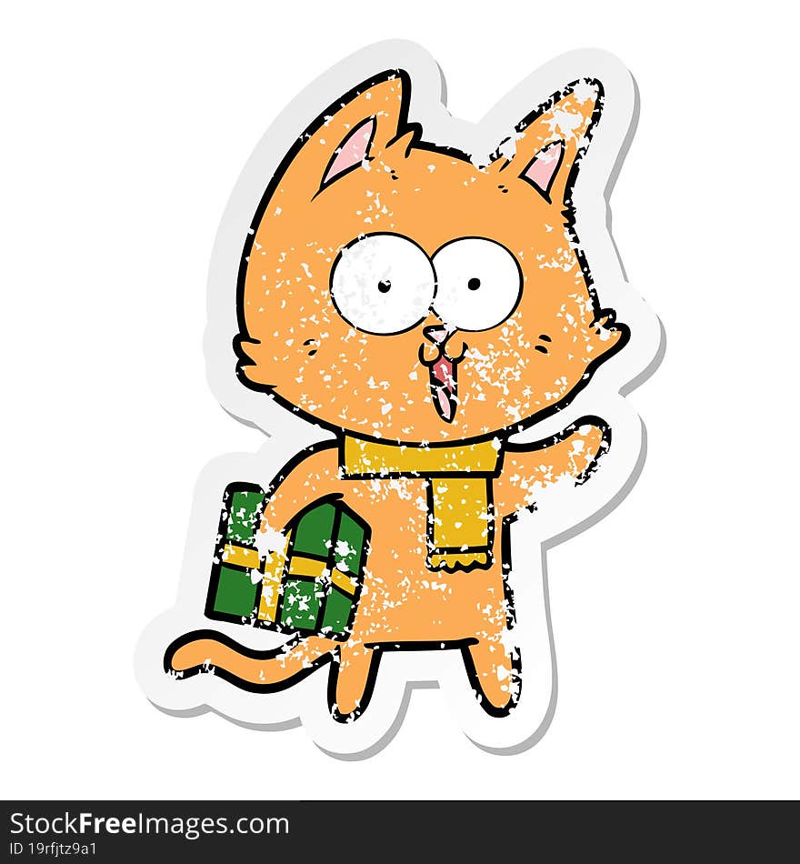 distressed sticker of a funny cartoon cat