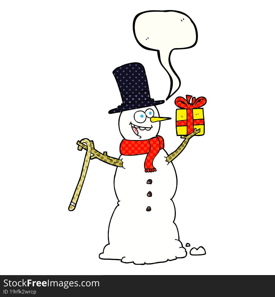 freehand drawn comic book speech bubble cartoon snowman holding present