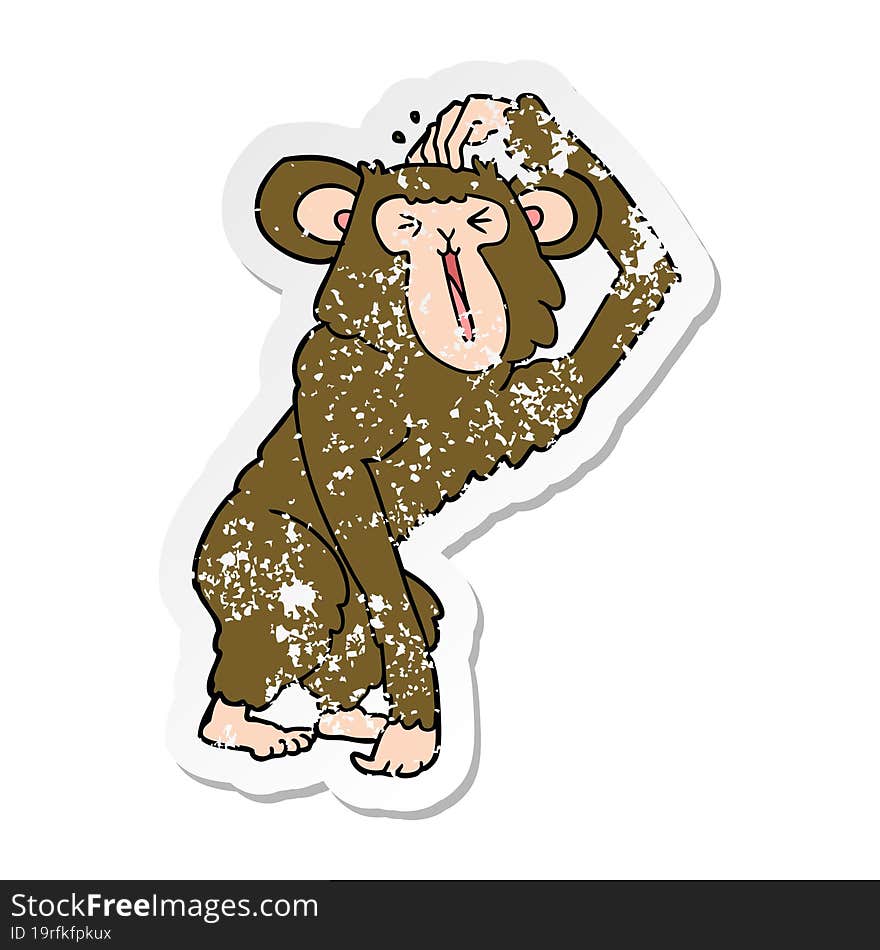 Distressed Sticker Of A Cartoon Chimp Scratching Head