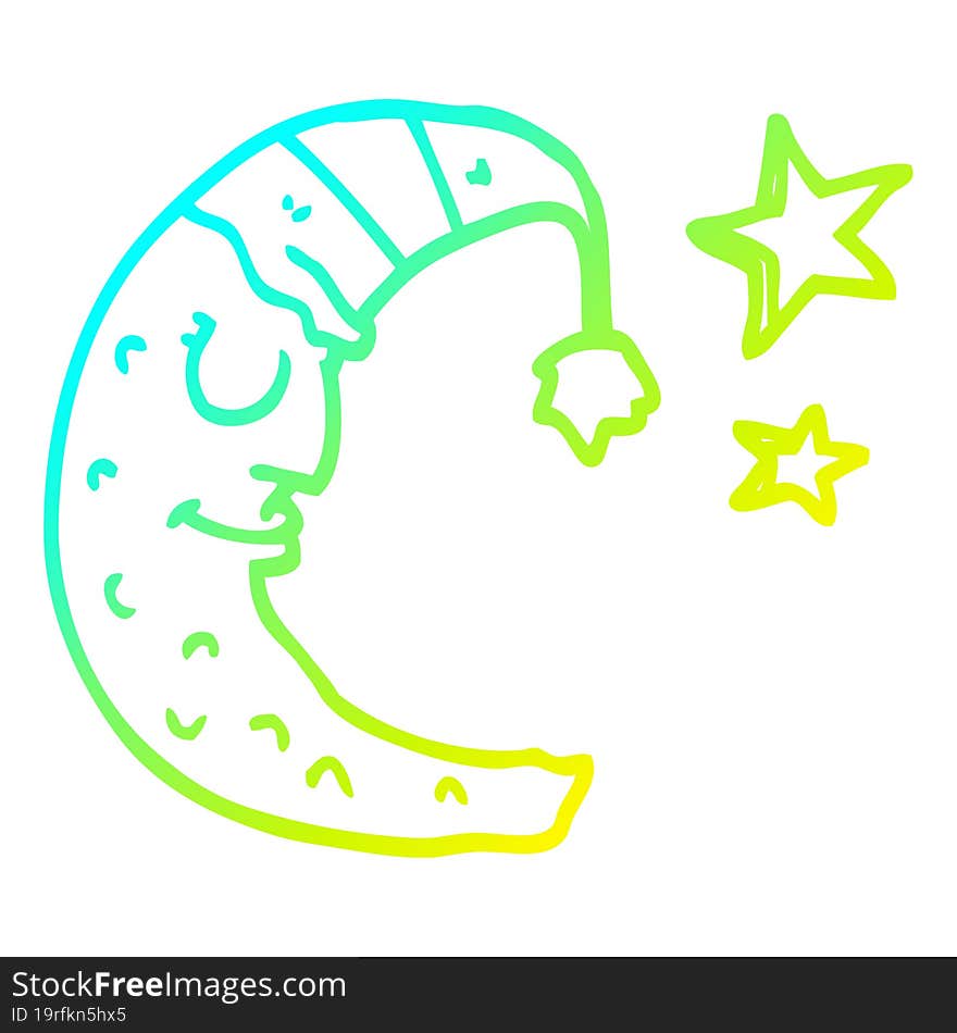 cold gradient line drawing cartoon moon with sleeping cap