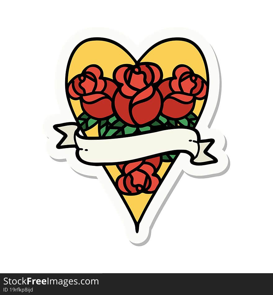 sticker of tattoo in traditional style of a heart and banner with flowers. sticker of tattoo in traditional style of a heart and banner with flowers