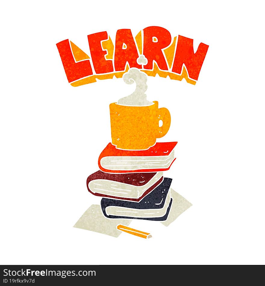 freehand retro cartoon books and coffee cup under Learn symbol