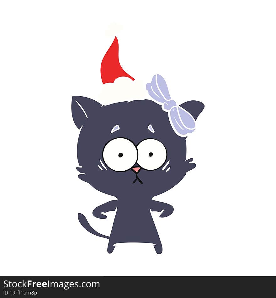 flat color illustration of a cat wearing santa hat