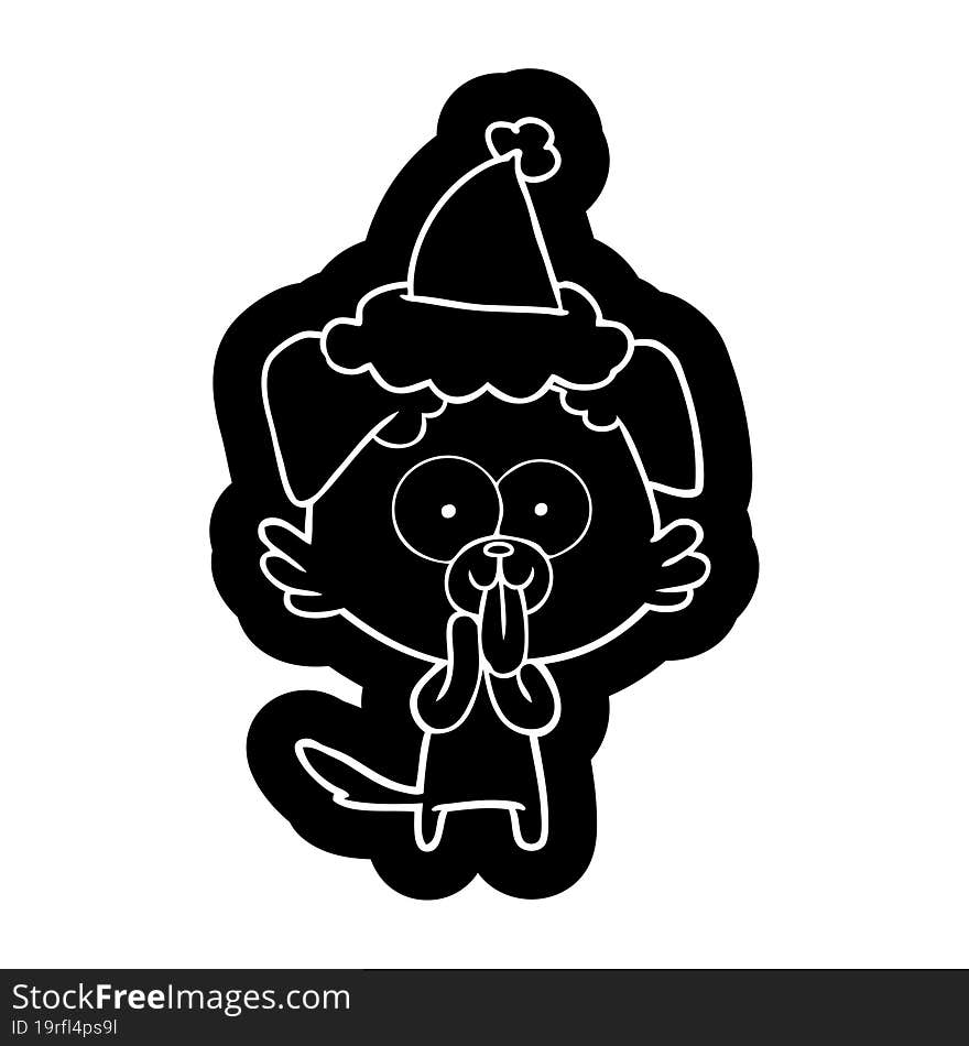 cartoon icon of a dog with tongue sticking out wearing santa hat