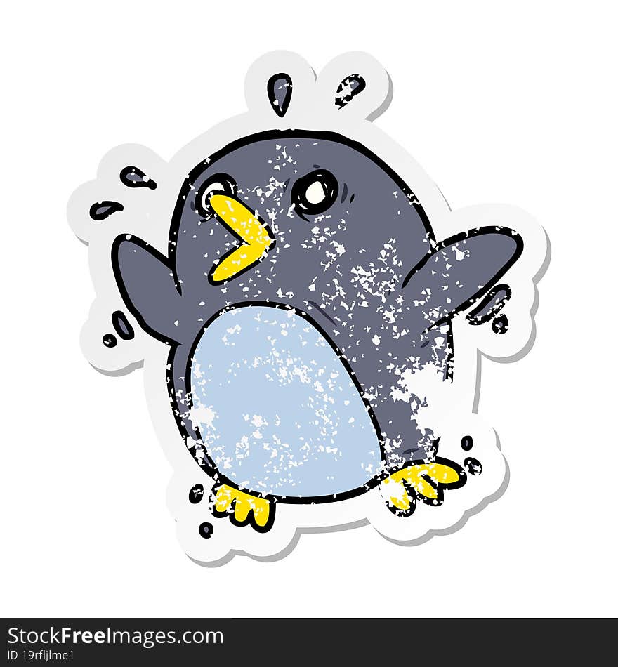 distressed sticker of a cartoon frightened penguin