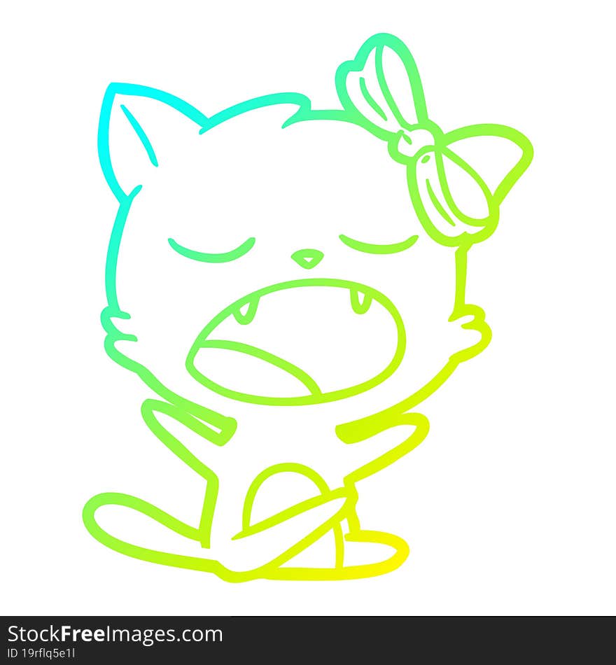 cold gradient line drawing of a cartoon yawning cat