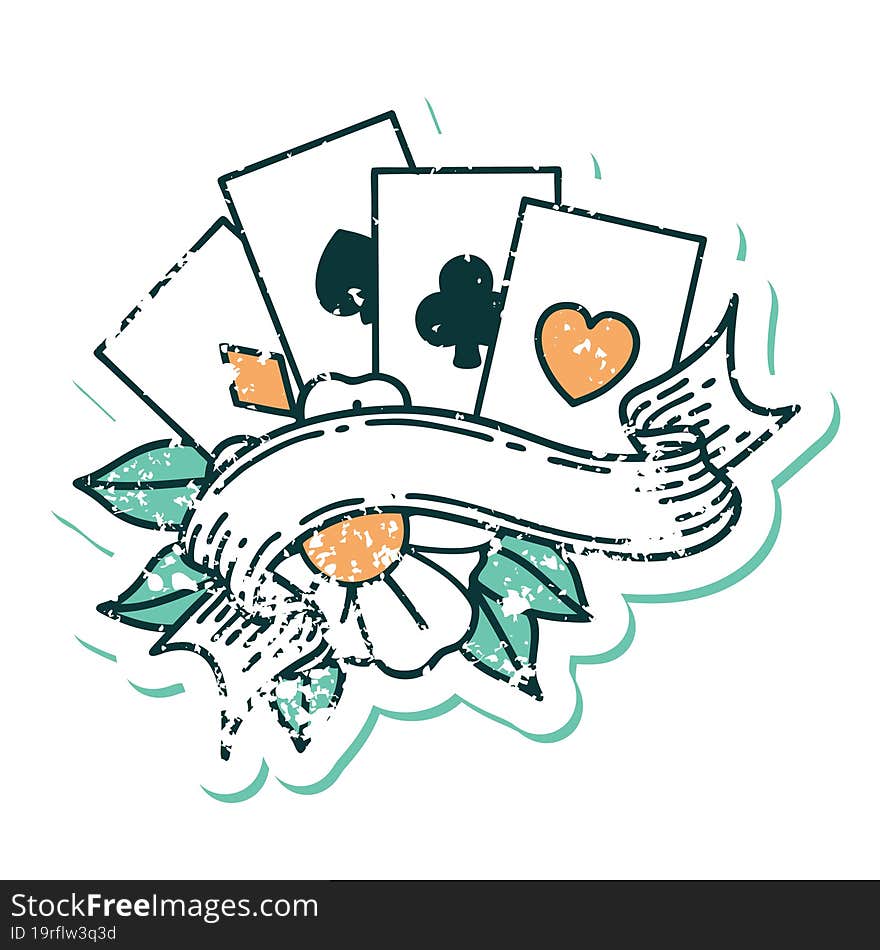 iconic distressed sticker tattoo style image of cards and banner. iconic distressed sticker tattoo style image of cards and banner