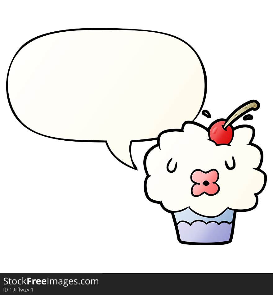 funny cartoon cupcake with speech bubble in smooth gradient style