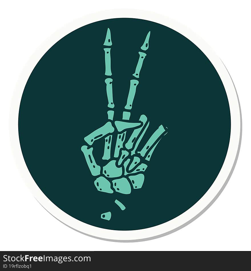 tattoo style sticker of a skeleton hand giving a peace sign