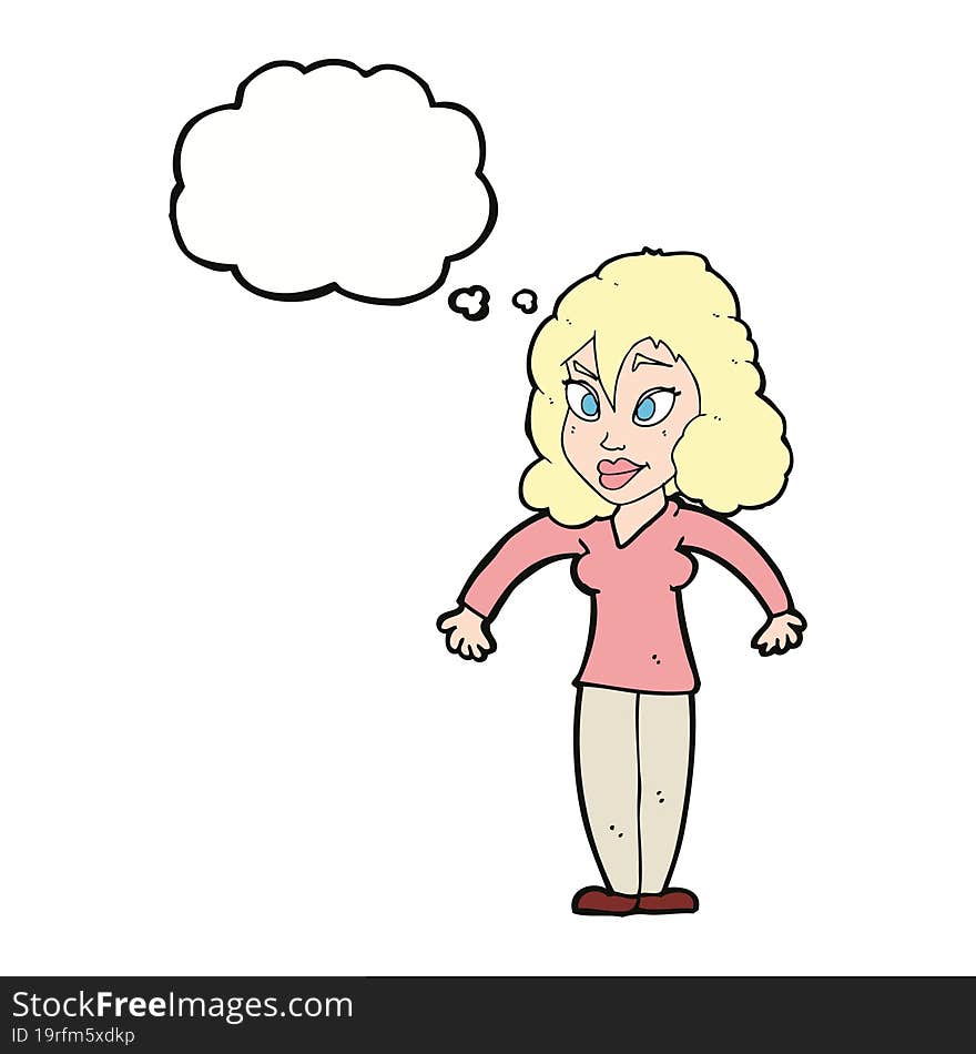 cartoon woman shrugging shoulders with thought bubble