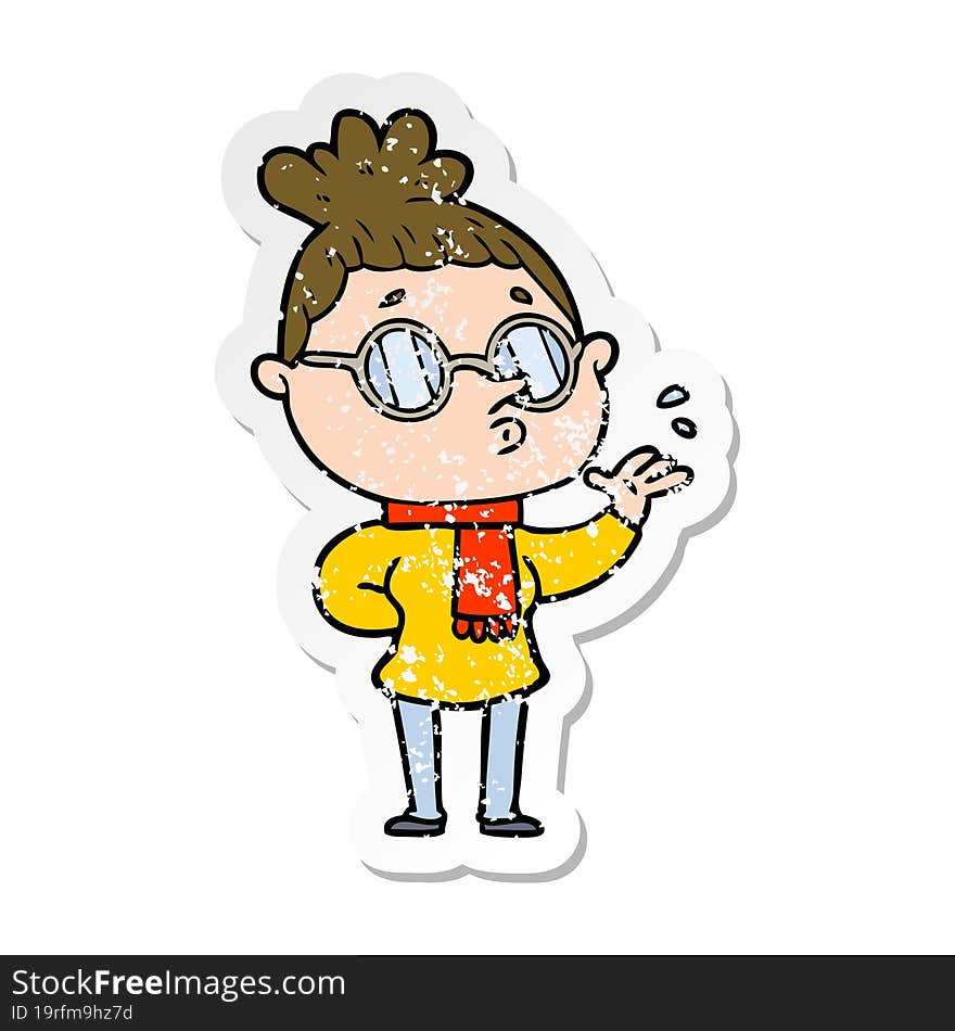 Distressed Sticker Of A Cartoon Woman Wearing Glasses