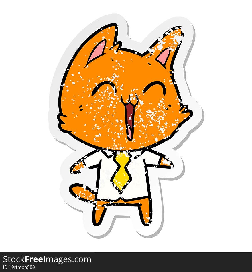 distressed sticker of a happy cartoon cat