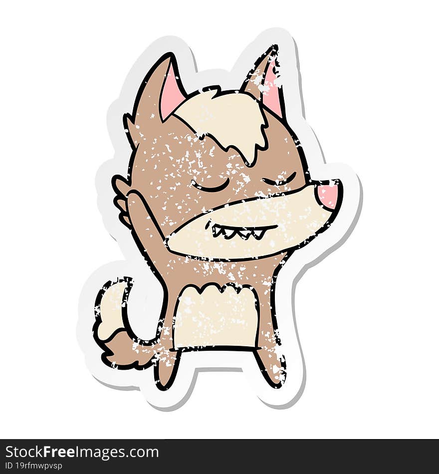 Distressed Sticker Of A Friendly Cartoon Wolf