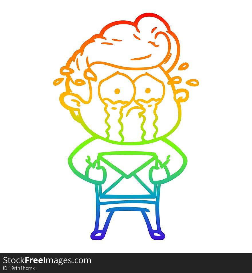 rainbow gradient line drawing cartoon crying man receiving letter