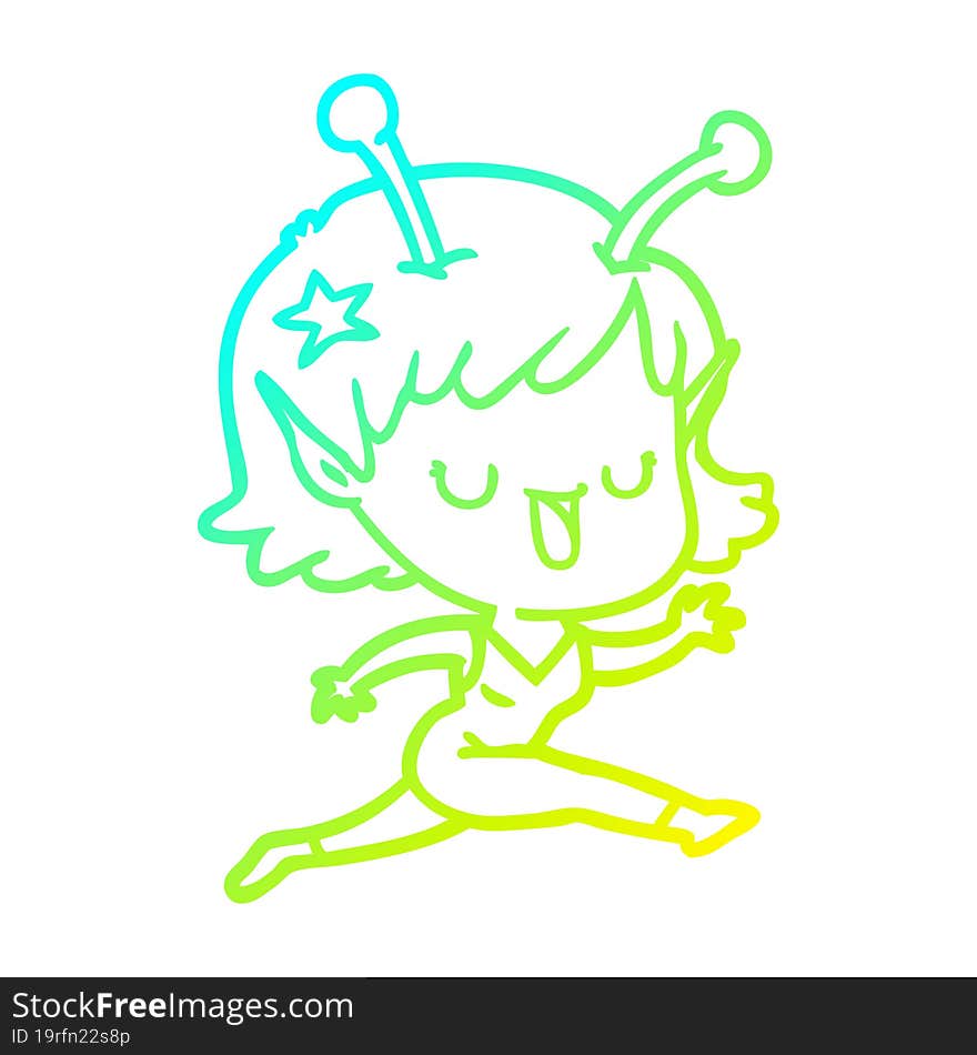 cold gradient line drawing of a happy alien girl cartoon laughing