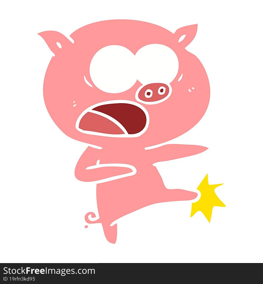 flat color style cartoon pig shouting and kicking