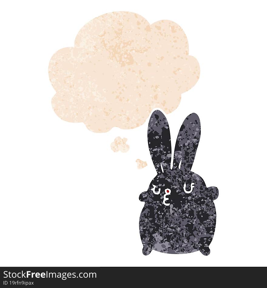 cute cartoon rabbit and thought bubble in retro textured style