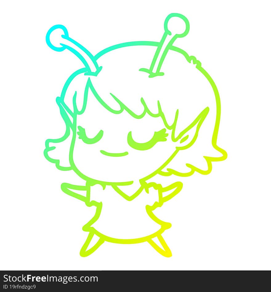 cold gradient line drawing smiling alien girl cartoon