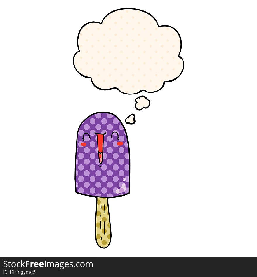 cartoon happy ice lolly and thought bubble in comic book style