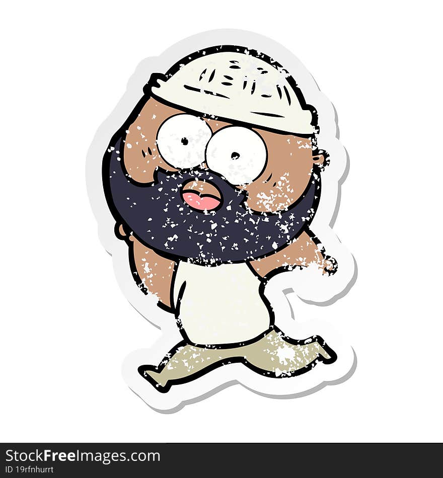 distressed sticker of a cartoon bearded man running