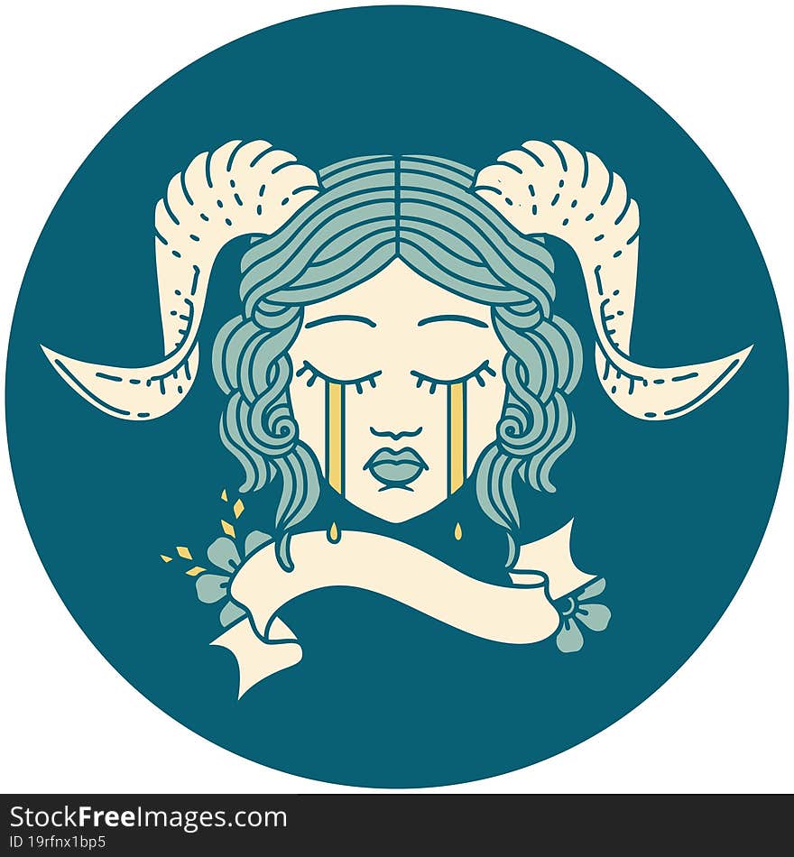 crying tiefling character face with scroll banner illustration