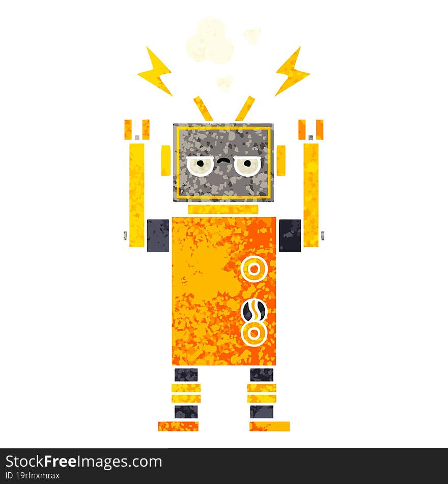 retro illustration style cartoon malfunctioning robot