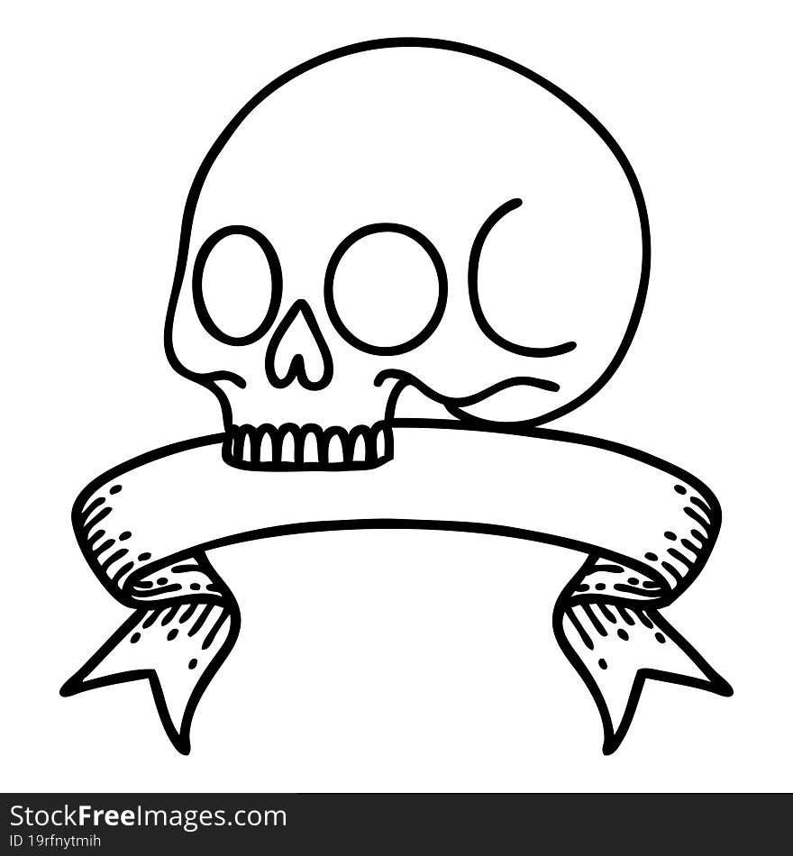 black linework tattoo with banner of a skull