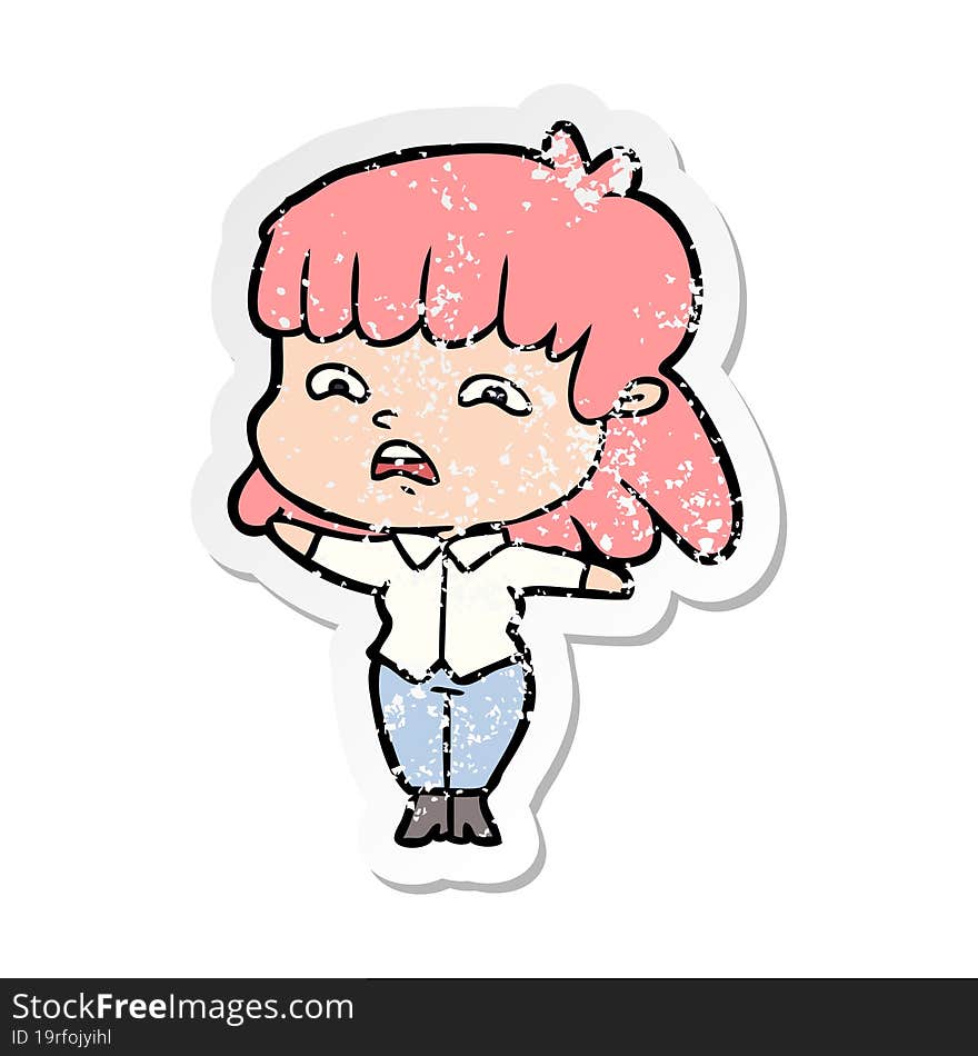 distressed sticker of a cartoon worried woman