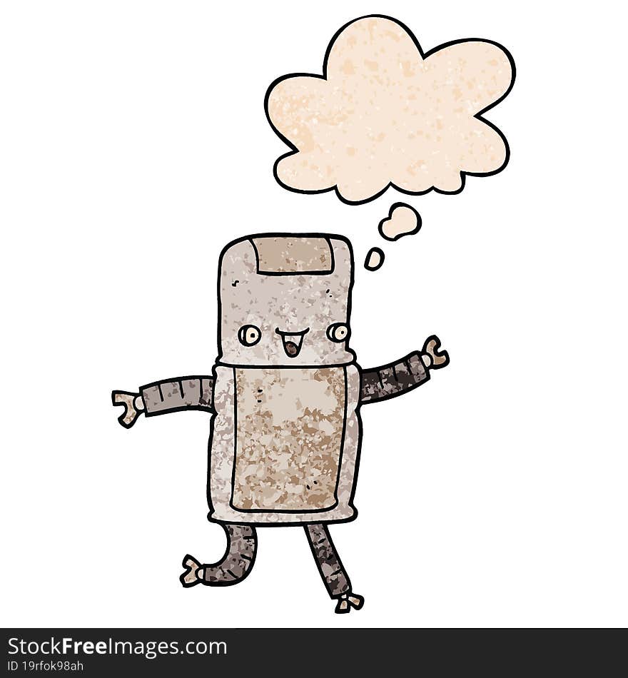 cartoon robot and thought bubble in grunge texture pattern style