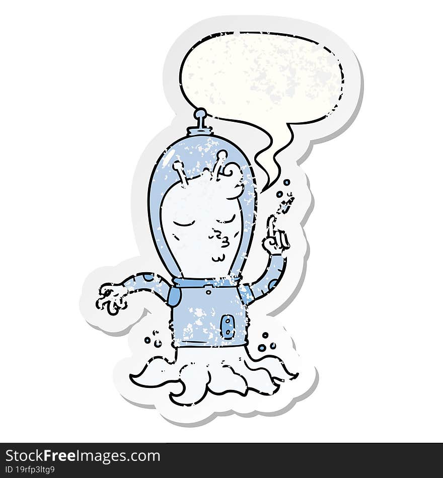 cartoon alien and speech bubble distressed sticker