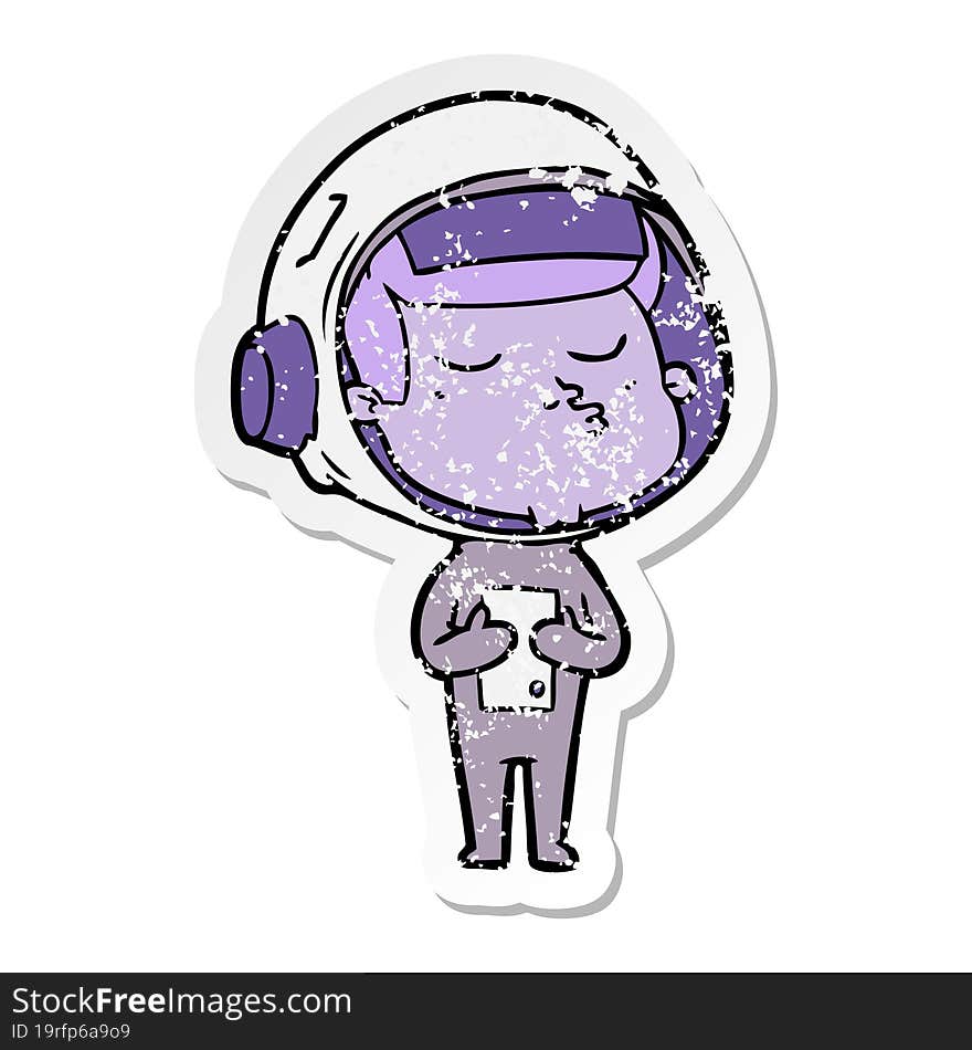 distressed sticker of a cartoon confident astronaut