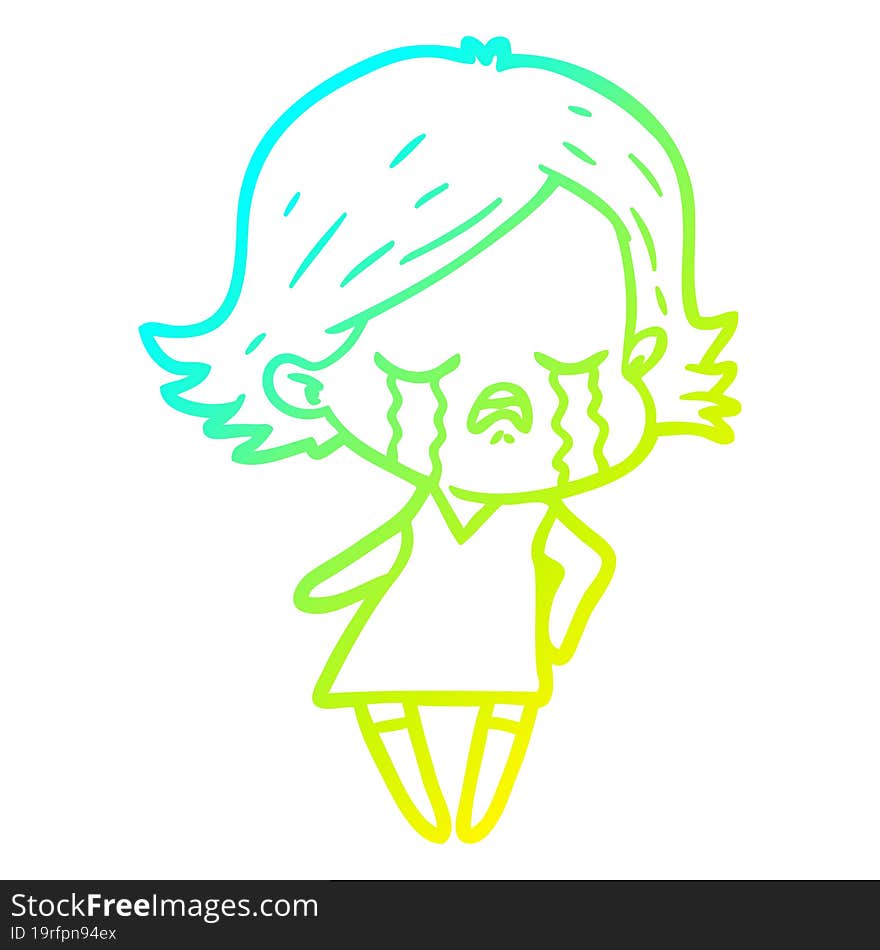 Cold Gradient Line Drawing Cartoon Girl Crying