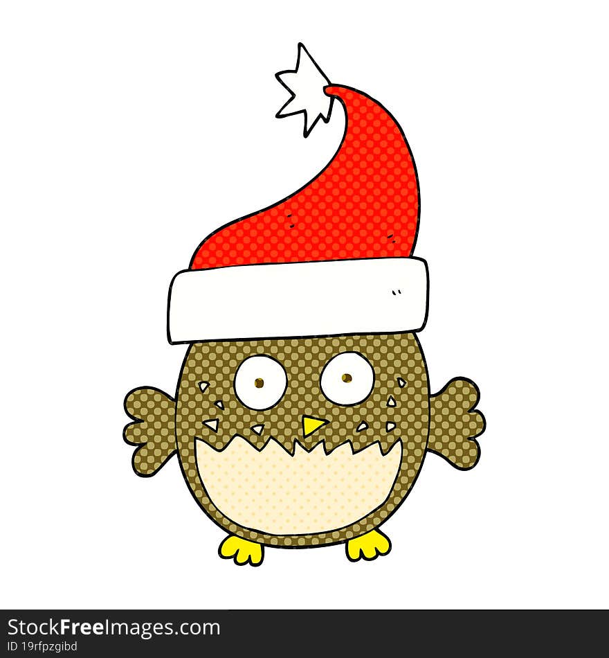 freehand drawn cartoon owl wearing christmas hat