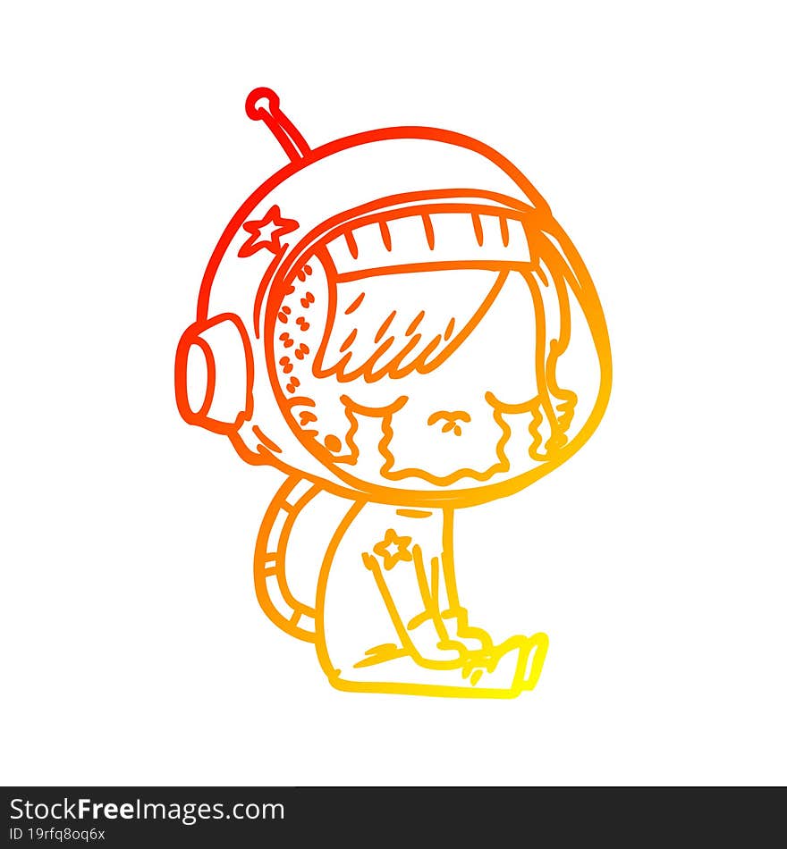 warm gradient line drawing of a cartoon crying astronaut girl sitting