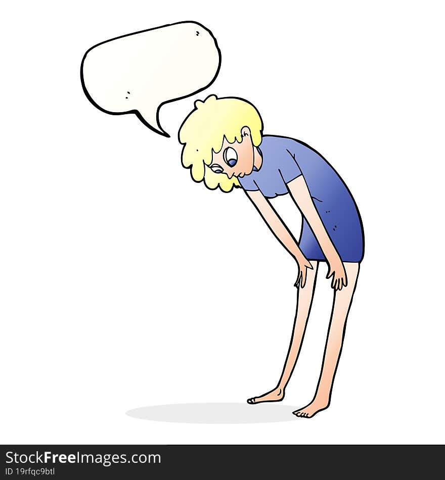 cartoon woman looking at her feet with speech bubble