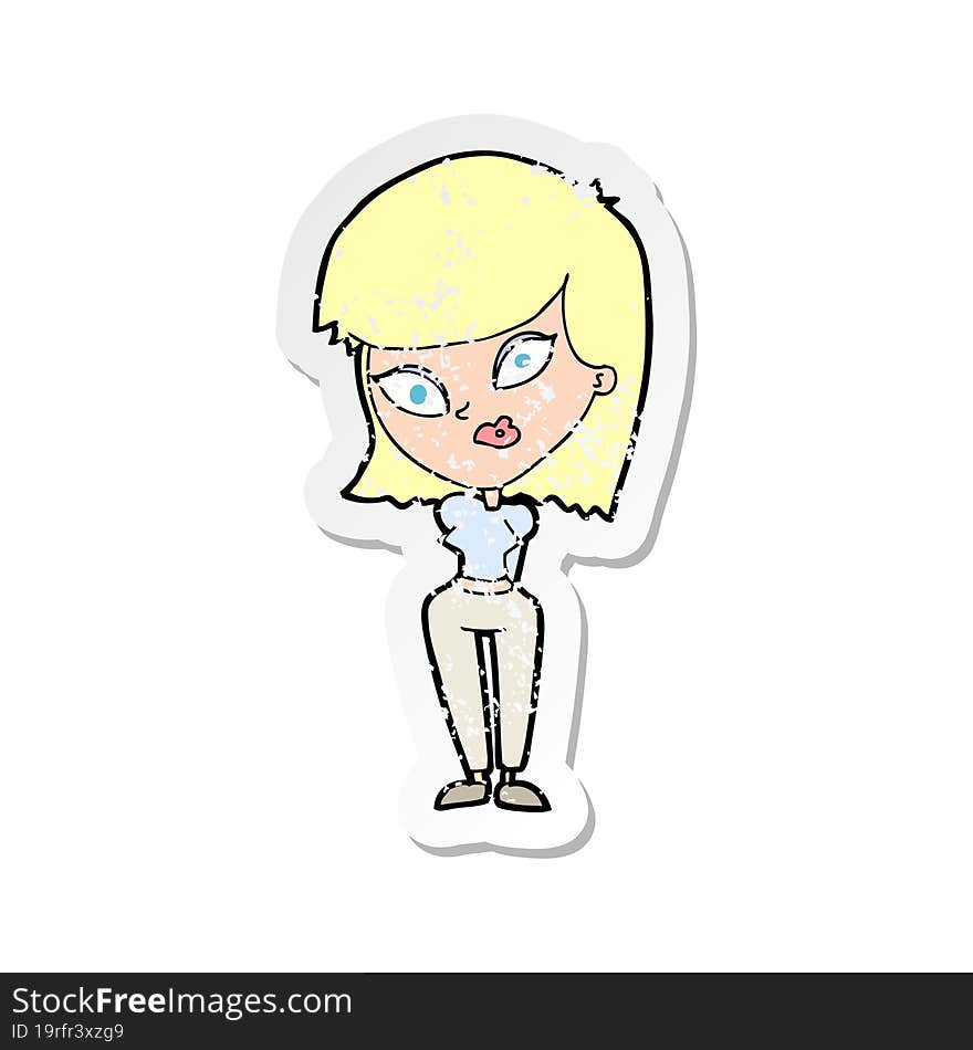 Retro Distressed Sticker Of A Cartoon Confused Woman