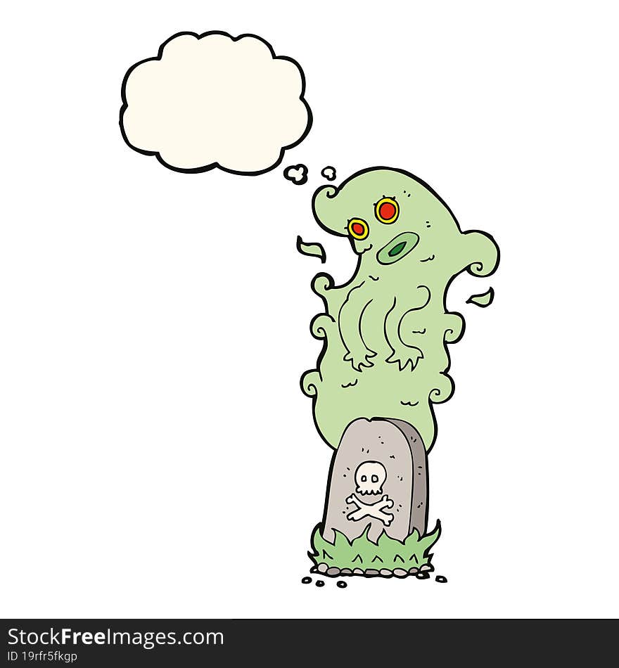 cartoon ghost rising from grave with thought bubble