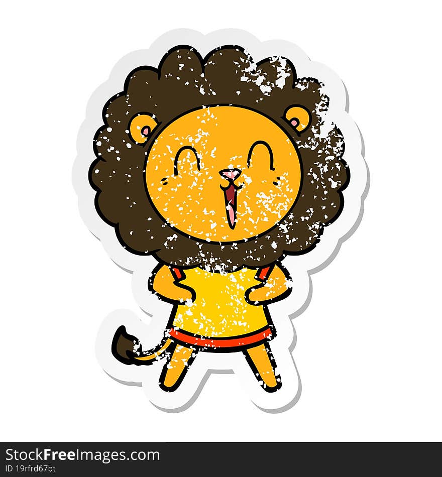 distressed sticker of a laughing lion cartoon