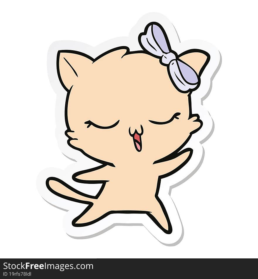 sticker of a cartoon dancing cat with bow on head