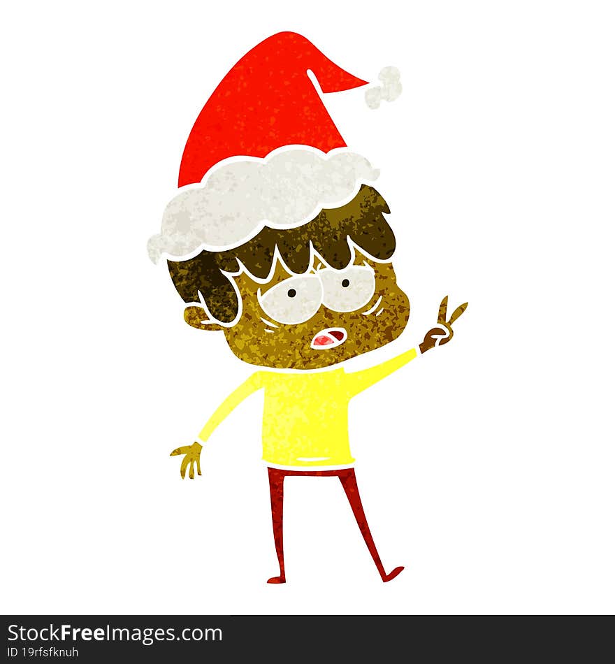 retro cartoon of a exhausted boy wearing santa hat