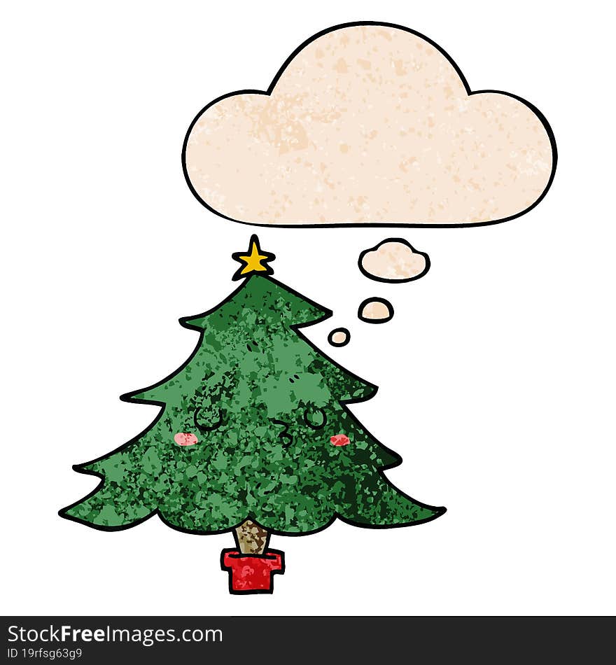 cute cartoon christmas tree and thought bubble in grunge texture pattern style