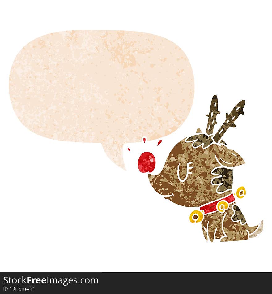 cartoon christmas reindeer and speech bubble in retro textured style