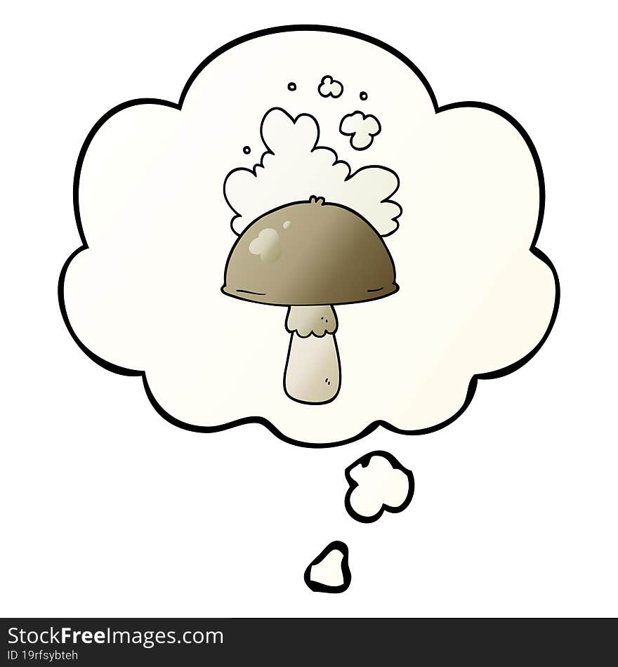 cartoon mushroom with spore cloud and thought bubble in smooth gradient style