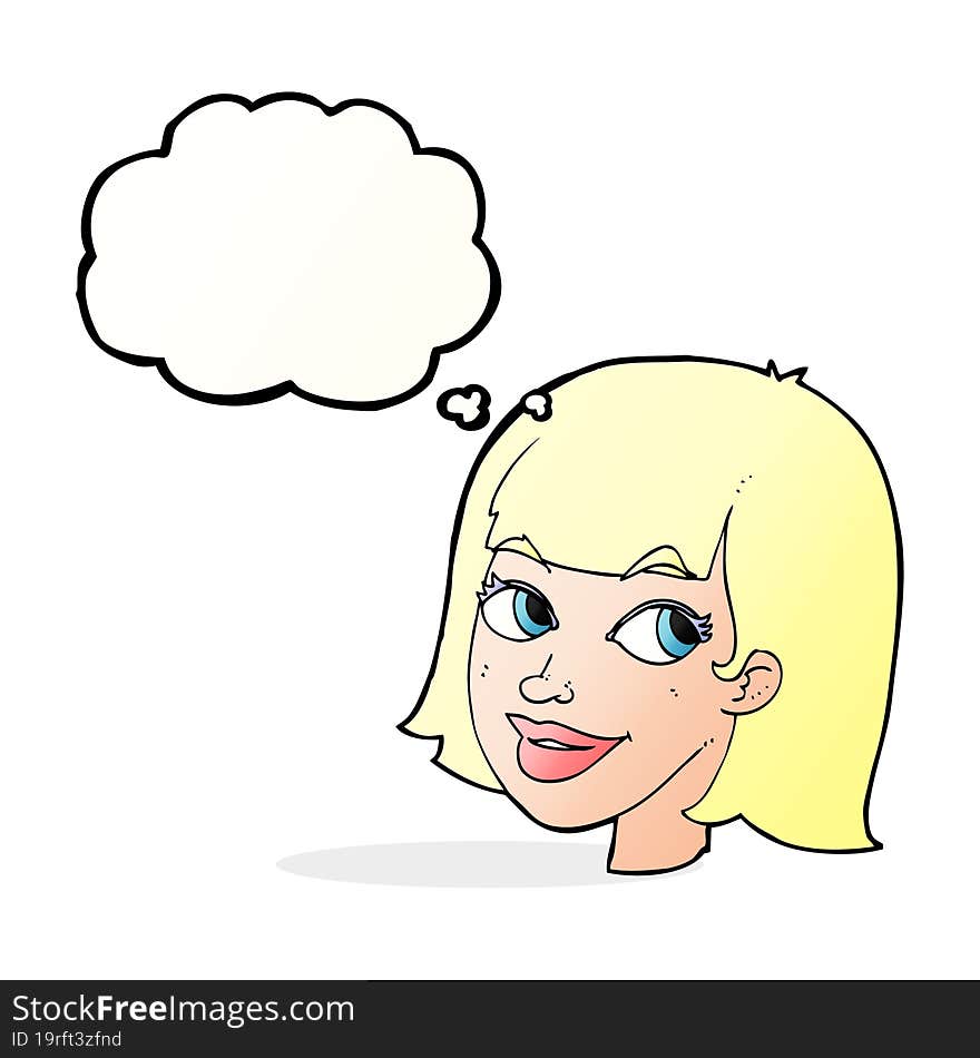 cartoon happy female face with thought bubble