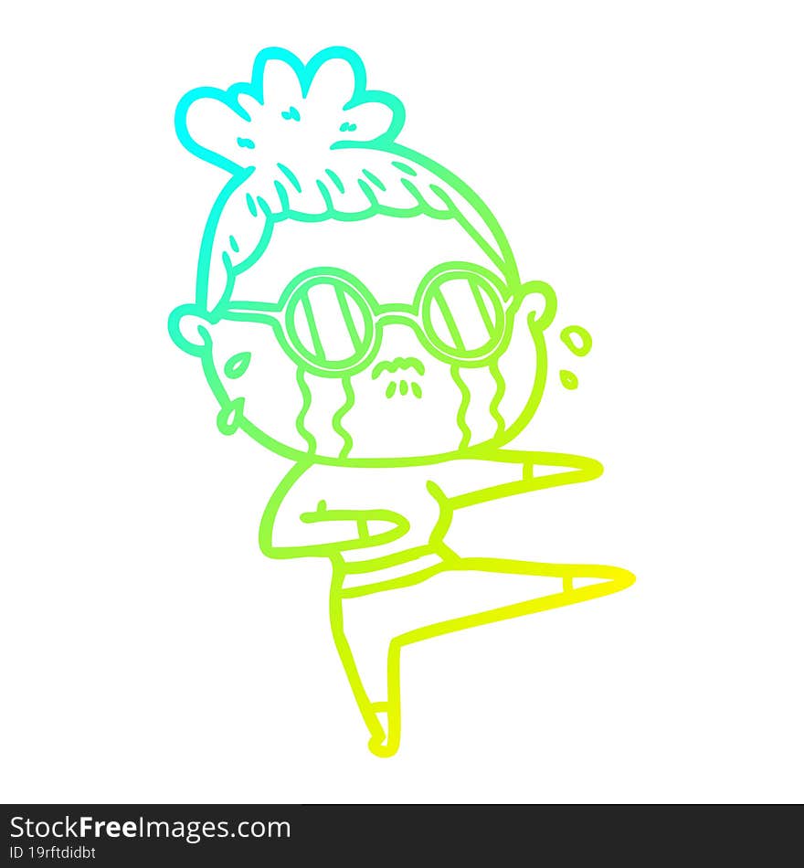 cold gradient line drawing cartoon crying woman wearing spectacles