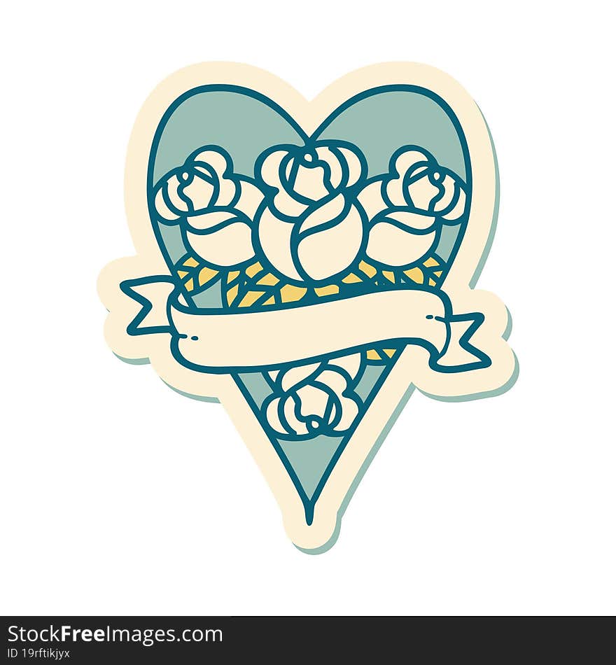 sticker of tattoo in traditional style of a heart and banner with flowers. sticker of tattoo in traditional style of a heart and banner with flowers